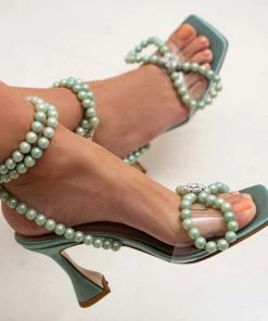 Trendy & Unique Sparkly Pearl Strap Unique High Heels Butterfly Sandals - Green
