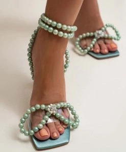Trendy & Unique Sparkly Pearl Strap Unique High Heels Butterfly Sandals - Green