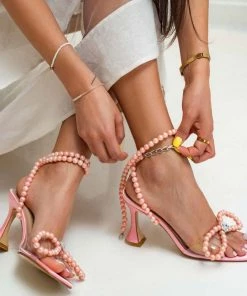 Trendy & Unique Sparkly Pearl Strap Unique High Heels Butterfly Sandals - Pink