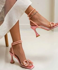 Trendy & Unique Sparkly Pearl Strap Unique High Heels Butterfly Sandals - Pink