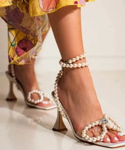 Trendy & Unique What's New Sparkly Pearl Strap Unique High Heels Butterfly Sandals - White 10 Trendy & Unique What's New Sparkly Pearl Strap Unique High Heels Butterfly Sandals - White