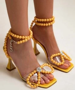 Trendy & Unique Sparkly Pearl Strap Unique High Heels Butterfly Sandals - Yellow