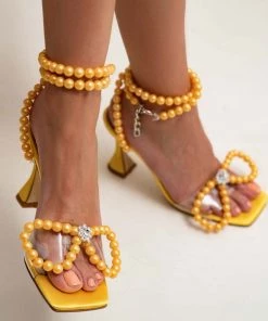 Trendy & Unique Sparkly Pearl Strap Unique High Heels Butterfly Sandals - Yellow