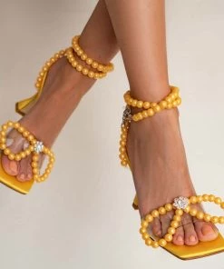 Trendy & Unique Sparkly Pearl Strap Unique High Heels Butterfly Sandals - Yellow
