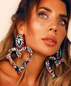 Trendy & Unique Jewelry Sparkly Rainbow Rhinestone Heart Statement Drop Earrings - Multicolor
