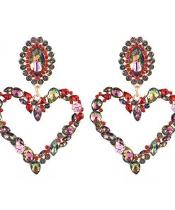 Trendy & Unique Jewelry Sparkly Rainbow Rhinestone Heart Statement Drop Earrings - Multicolor