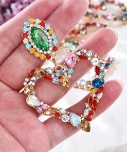 Trendy & Unique Jewelry Sparkly Rainbow Rhinestone Heart Statement Drop Earrings - Multicolor