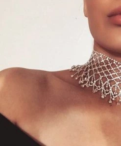 Trendy & Unique Sparkly Rhinestone Chain Fringe Statement Choker Necklace - Silver Jewelry