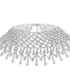 Trendy & Unique Sparkly Rhinestone Chain Fringe Statement Choker Necklace - Silver Jewelry