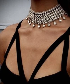 Trendy & Unique Sparkly Rhinestone Dropwater Fringe Statement Choker Necklace - Gold Jewelry