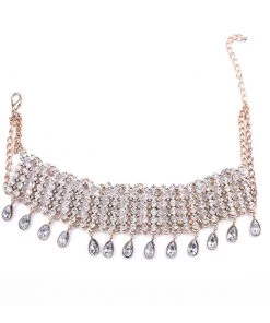 Trendy & Unique Sparkly Rhinestone Dropwater Fringe Statement Choker Necklace - Gold Jewelry