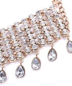 Trendy & Unique Sparkly Rhinestone Dropwater Fringe Statement Choker Necklace - Gold Jewelry