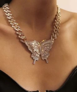 Trendy & Unique Sparkly Rhinestone Embellished Butterfly Charm Statement Necklace - Gold Jewelry