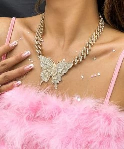 Trendy & Unique Sparkly Rhinestone Embellished Butterfly Charm Statement Necklace - Gold Jewelry