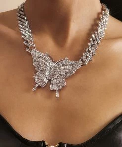 Trendy & Unique Sparkly Rhinestone Embellished Butterfly Charm Statement Necklace - Silver Jewelry