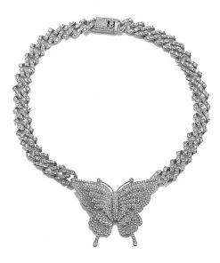 Trendy & Unique Sparkly Rhinestone Embellished Butterfly Charm Statement Necklace - Silver Jewelry