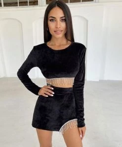 Trendy & Unique Sparkly Rhinestone Fringe Cut Out Velvet Crop Skirt Matching Set - Black
