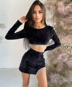 Trendy & Unique Sparkly Rhinestone Fringe Cut Out Velvet Crop Skirt Matching Set - Black
