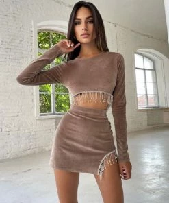 Trendy & Unique Sparkly Rhinestone Fringe Cut Out Velvet Crop Skirt Matching Set - Khaki