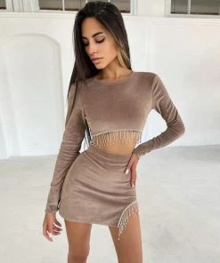 Trendy & Unique Sparkly Rhinestone Fringe Cut Out Velvet Crop Skirt Matching Set - Khaki