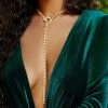 Trendy & Unique Jewelry Sparkly Rhinestone Lariat Pendant Statement Choker Necklace - Gold