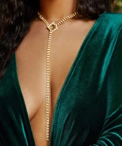 Trendy & Unique Jewelry Sparkly Rhinestone Lariat Pendant Statement Choker Necklace - Gold