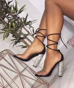 Trendy & Unique What's New Sparkly Rhinestone Open Toe Chunky Heel Wrap Tie Sandals - Black 8 Trendy & Unique What's New Sparkly Rhinestone Open Toe Chunky Heel Wrap Tie Sandals - Black