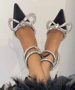 Trendy & Unique Sparkly Rhinestone Pointed Toe Ankle Strap Satin Butterfly Heels - Black