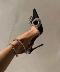 Trendy & Unique Sparkly Rhinestone Pointed Toe Ankle Strap Satin Butterfly Heels - Black