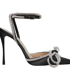 Trendy & Unique Sparkly Rhinestone Pointed Toe Ankle Strap Satin Butterfly Heels - Black