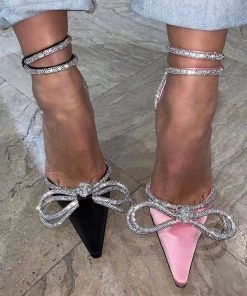 Trendy & Unique Sparkly Rhinestone Pointed Toe Ankle Strap Satin Butterfly Heels - Pink