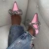 Trendy & Unique Sparkly Rhinestone Pointed Toe Ankle Strap Satin Butterfly Heels - Pink