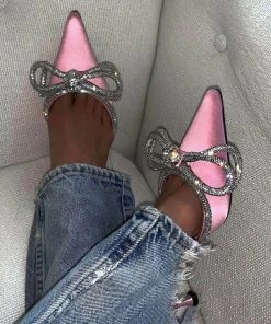 Trendy & Unique Sparkly Rhinestone Pointed Toe Ankle Strap Satin Butterfly Heels - Pink
