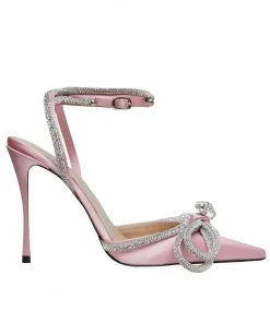 Trendy & Unique Sparkly Rhinestone Pointed Toe Ankle Strap Satin Butterfly Heels - Pink