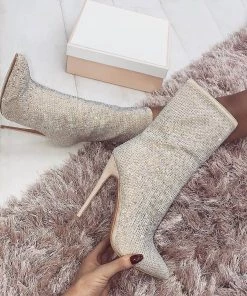 Trendy & Unique Sparkly Rhinestone Pointed Toe High Heeled Suede Ankle Boots - Beige What's New