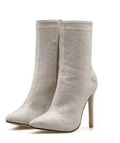 Trendy & Unique Sparkly Rhinestone Pointed Toe High Heeled Suede Ankle Boots - Beige What's New