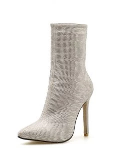 Trendy & Unique Sparkly Rhinestone Pointed Toe High Heeled Suede Ankle Boots - Beige What's New