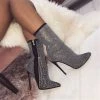 Trendy & Unique Sparkly Rhinestone Pointed Toe High Heeled Suede Ankle Boots - Black