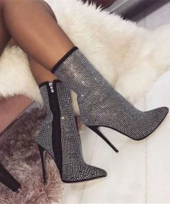 Trendy & Unique Sparkly Rhinestone Pointed Toe High Heeled Suede Ankle Boots - Black