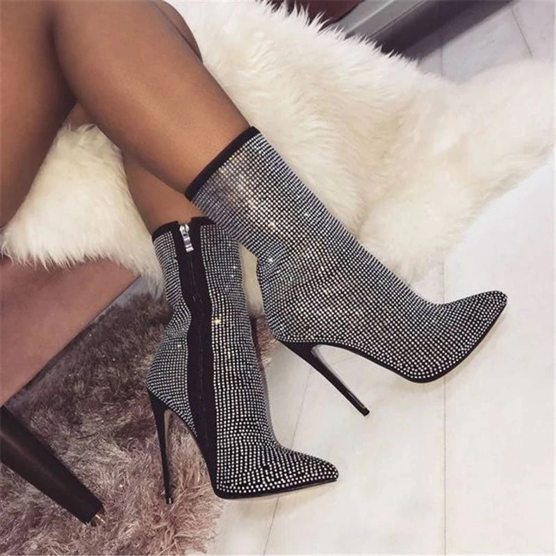 Trendy & Unique Sparkly Rhinestone Pointed Toe High Heeled Suede Ankle Boots - Black 3 Trendy & Unique Sparkly Rhinestone Pointed Toe High Heeled Suede Ankle Boots - Black