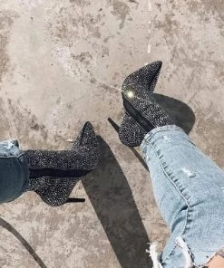 Trendy & Unique Sparkly Rhinestone Pointed Toe High Heeled Suede Ankle Boots - Black