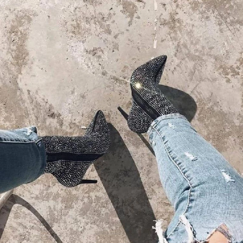 Trendy & Unique Sparkly Rhinestone Pointed Toe High Heeled Suede Ankle Boots - Black 4 Trendy & Unique Sparkly Rhinestone Pointed Toe High Heeled Suede Ankle Boots - Black