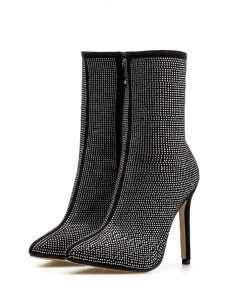 Trendy & Unique Sparkly Rhinestone Pointed Toe High Heeled Suede Ankle Boots - Black 8 Trendy & Unique Sparkly Rhinestone Pointed Toe High Heeled Suede Ankle Boots - Black