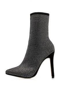 Trendy & Unique Sparkly Rhinestone Pointed Toe High Heeled Suede Ankle Boots - Black 9 Trendy & Unique Sparkly Rhinestone Pointed Toe High Heeled Suede Ankle Boots - Black