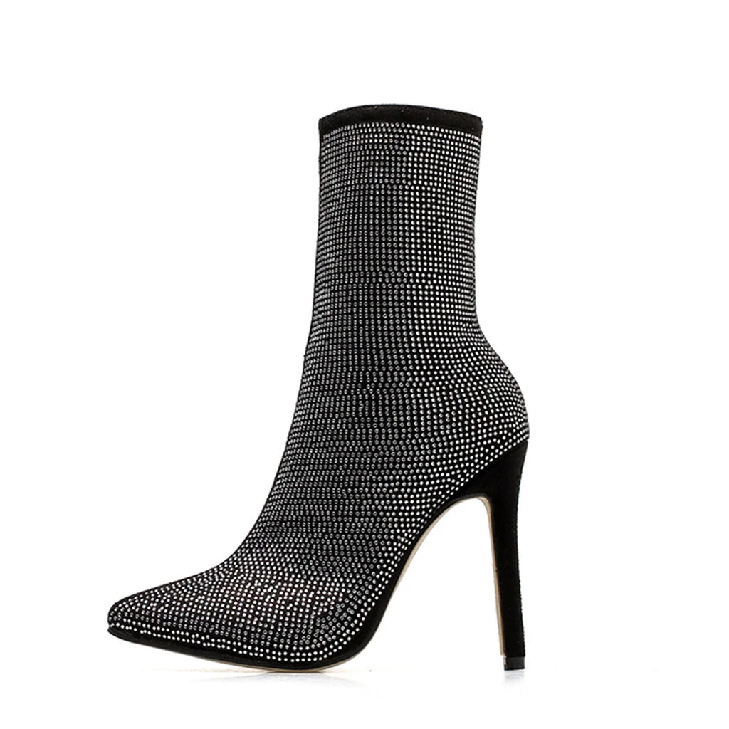 Trendy & Unique Sparkly Rhinestone Pointed Toe High Heeled Suede Ankle Boots - Black 6 Trendy & Unique Sparkly Rhinestone Pointed Toe High Heeled Suede Ankle Boots - Black