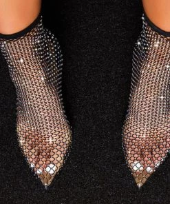 Trendy & Unique What's New Sparkly Rhinestone Pointed Toe Naked Mesh Ankle Boots - Black