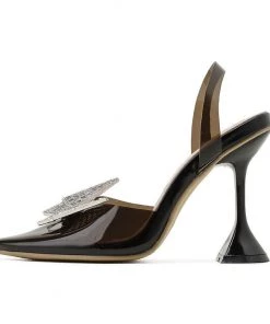Trendy & Unique What's New Sparkly Rhinestone Pointed Toe Slingback PVC Butterfly Heels - Black