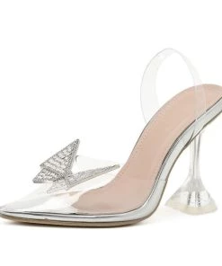 Trendy & Unique Sparkly Rhinestone Pointed Toe Slingback PVC Butterfly Heels - Silver 12 Trendy & Unique Sparkly Rhinestone Pointed Toe Slingback PVC Butterfly Heels - Silver