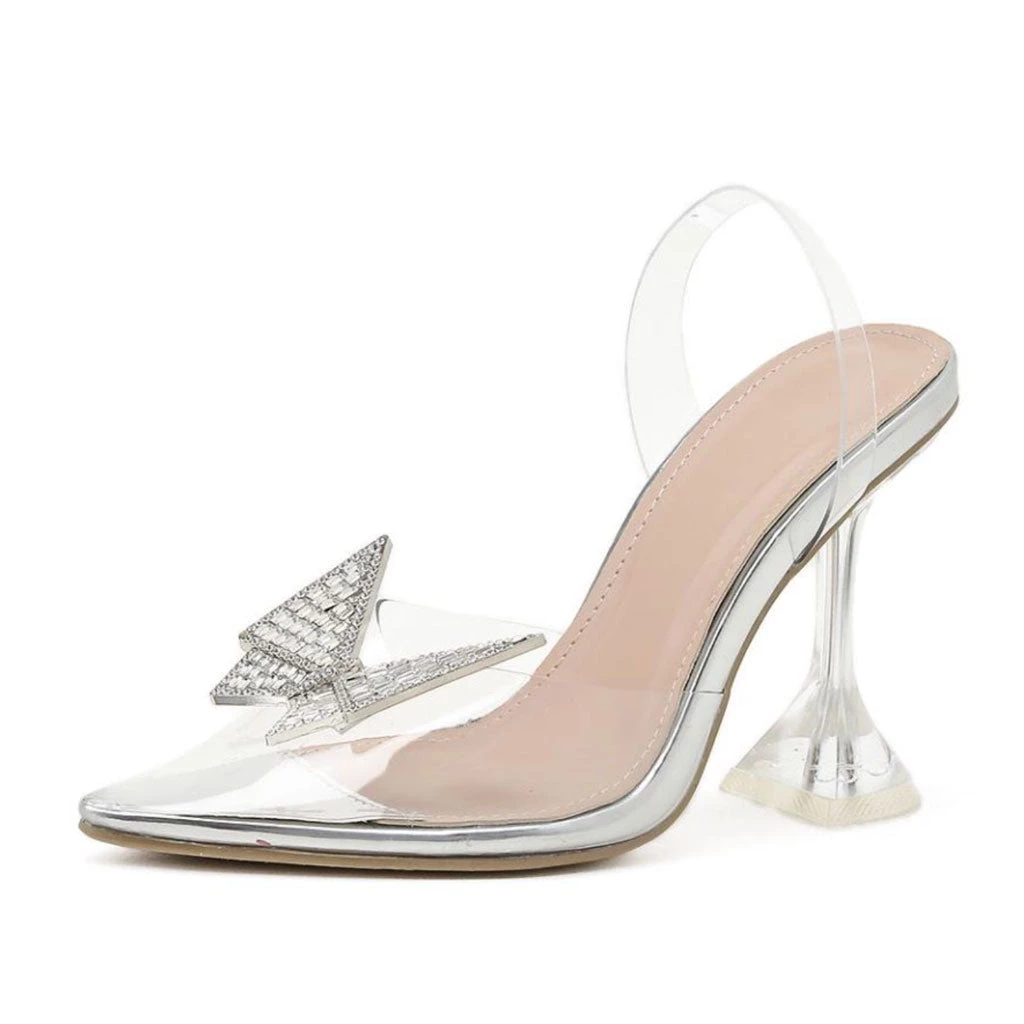 Trendy & Unique Sparkly Rhinestone Pointed Toe Slingback PVC Butterfly Heels - Silver 7 Trendy & Unique Sparkly Rhinestone Pointed Toe Slingback PVC Butterfly Heels - Silver