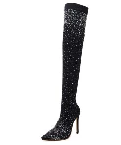 Trendy & Unique Sparkly Rhinestone Pointed Toe Stiletto Heel Thigh High Boots - Black What's New